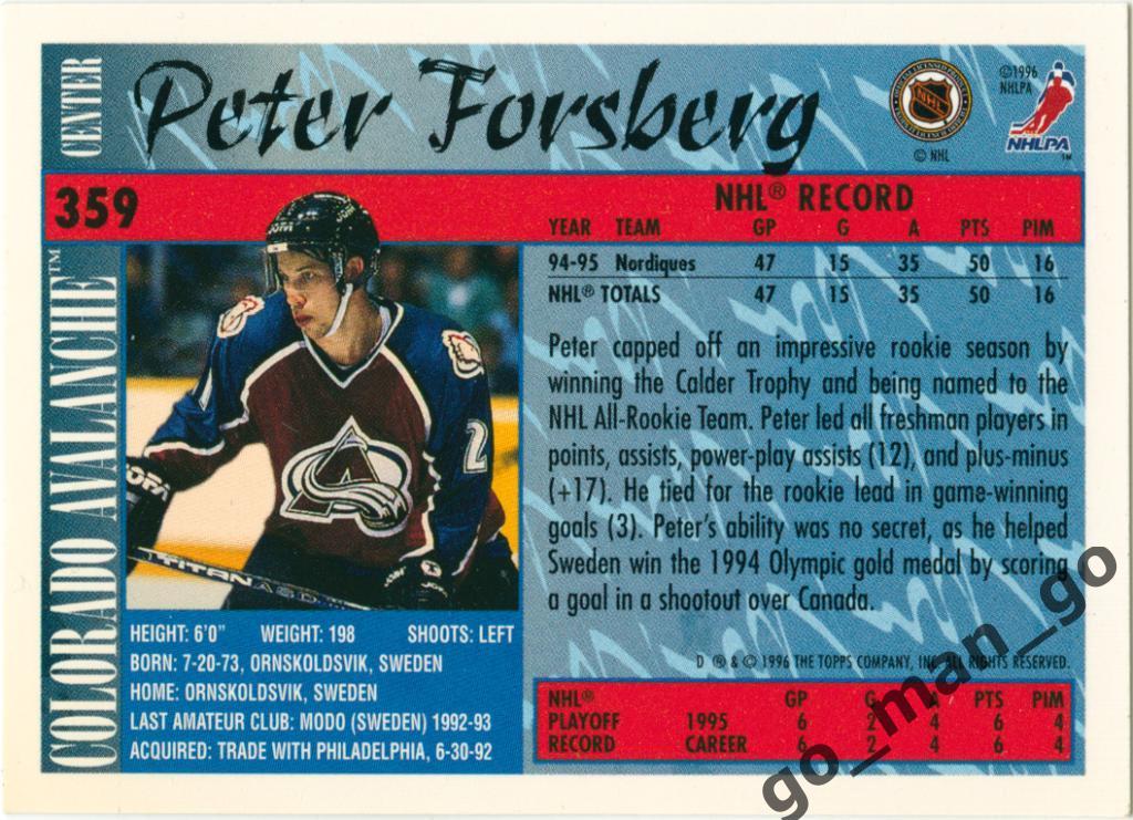 Peter Forsberg (Colorado Avalanche). Topps NHL 1995-1996, № 359. 1