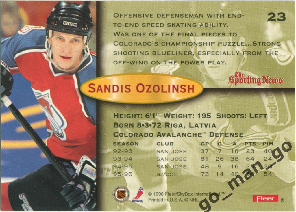 Sandis Ozolinsh / Сандис Озолиньш (Colorado Avalanche). Fleer 1996-1997, № 23. 1