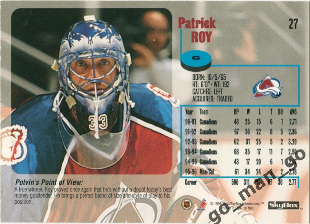 Patrick Roy (Colorado Avalanche). SkyBox Impact 1996-1997, № 27. 1