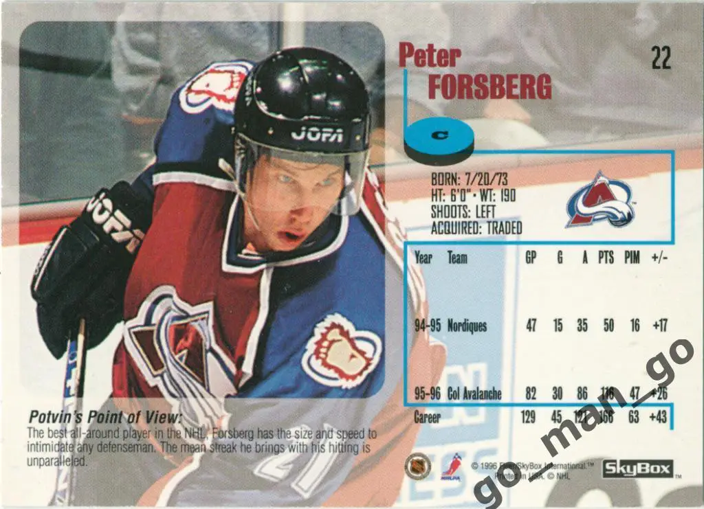 Peter Forsberg (Colorado Avalanche). SkyBox Impact 1996-1997, № 22. 1