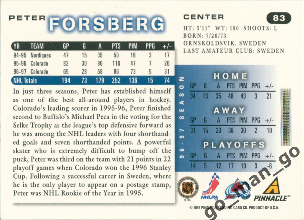 Peter Forsberg (Colorado Avalanche). Score NHL 1997-1998, № 83. 1