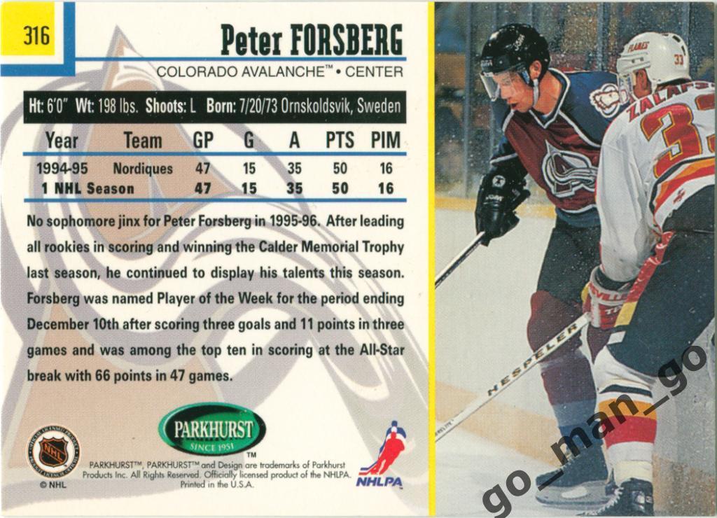 Peter Forsberg (Colorado Avalanche). Parkhurst International 1995-1996, № 316. 1