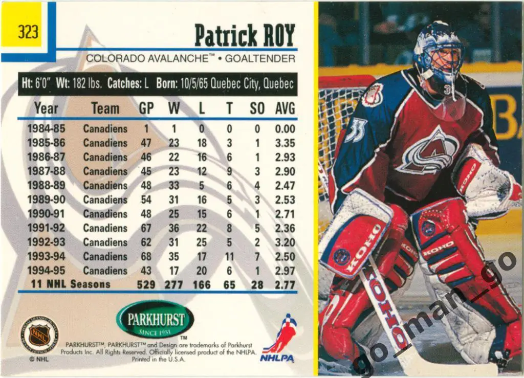 Patrick Roy (Colorado Avalanche). Parkhurst International 1995-1996, № 323. 1