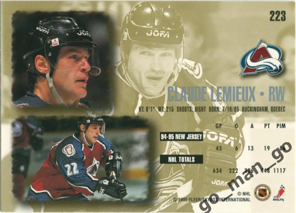 Claude Lemieux (Colorado Avalanche). Fleer Ultra 1995-1996, № 223. 1