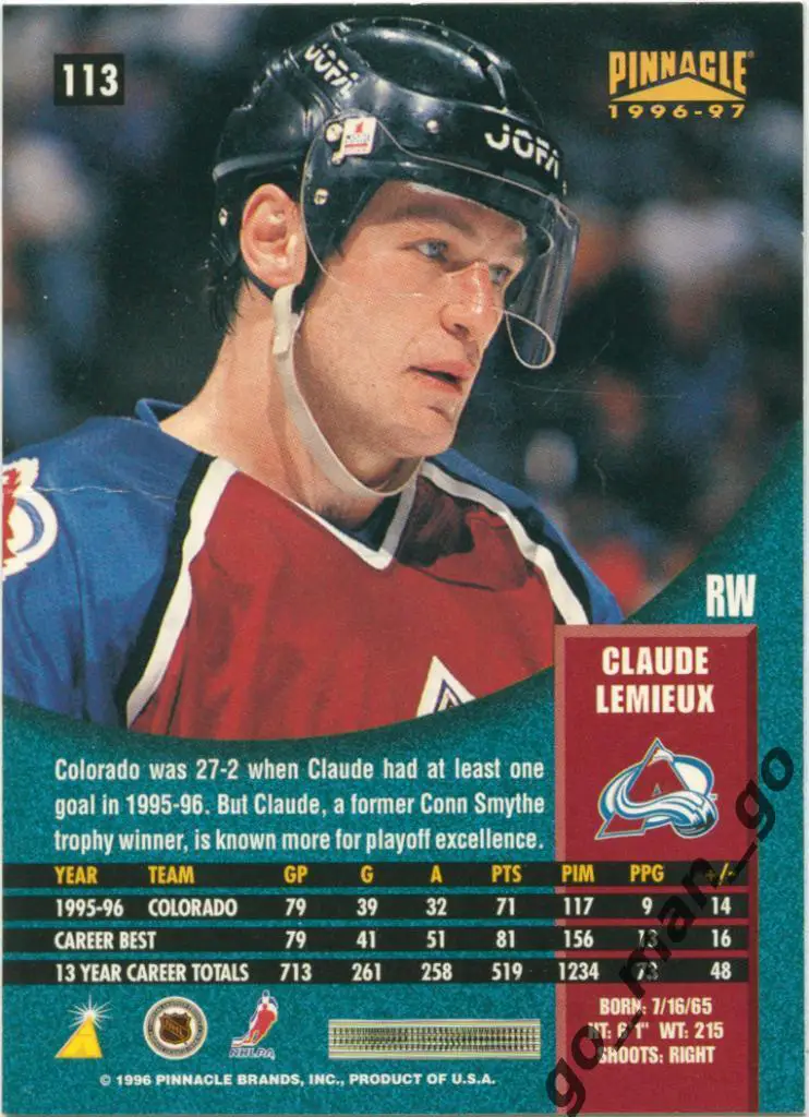 Claude Lemieux (Colorado Avalanche). Pinnacle NHL 1996-1997, № 113. 1