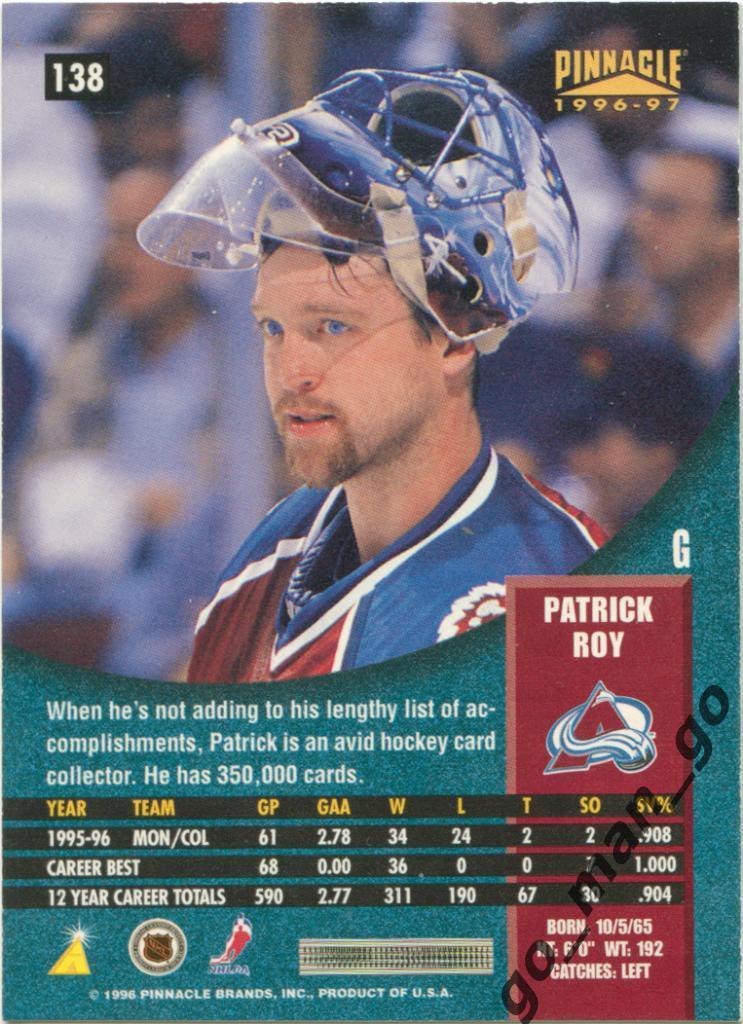 Patrick Roy (Colorado Avalanche). Pinnacle NHL 1996-1997, foil, № 138. 1