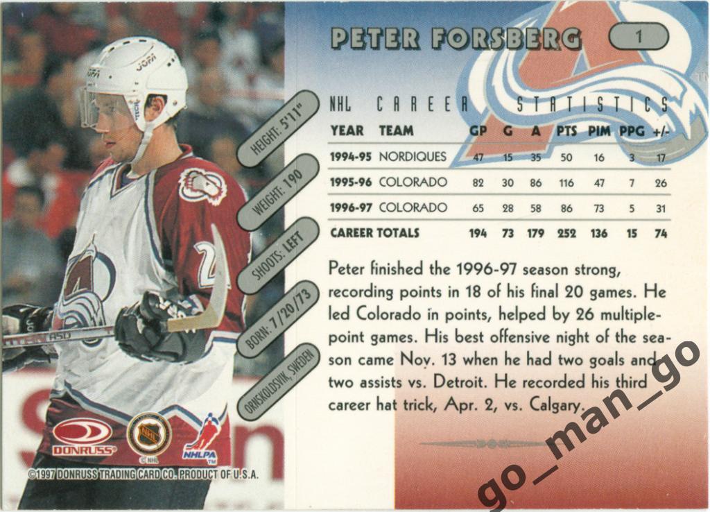 Peter Forsberg (Colorado Avalanche). Donruss NHL 1997-1998, № 1. 1