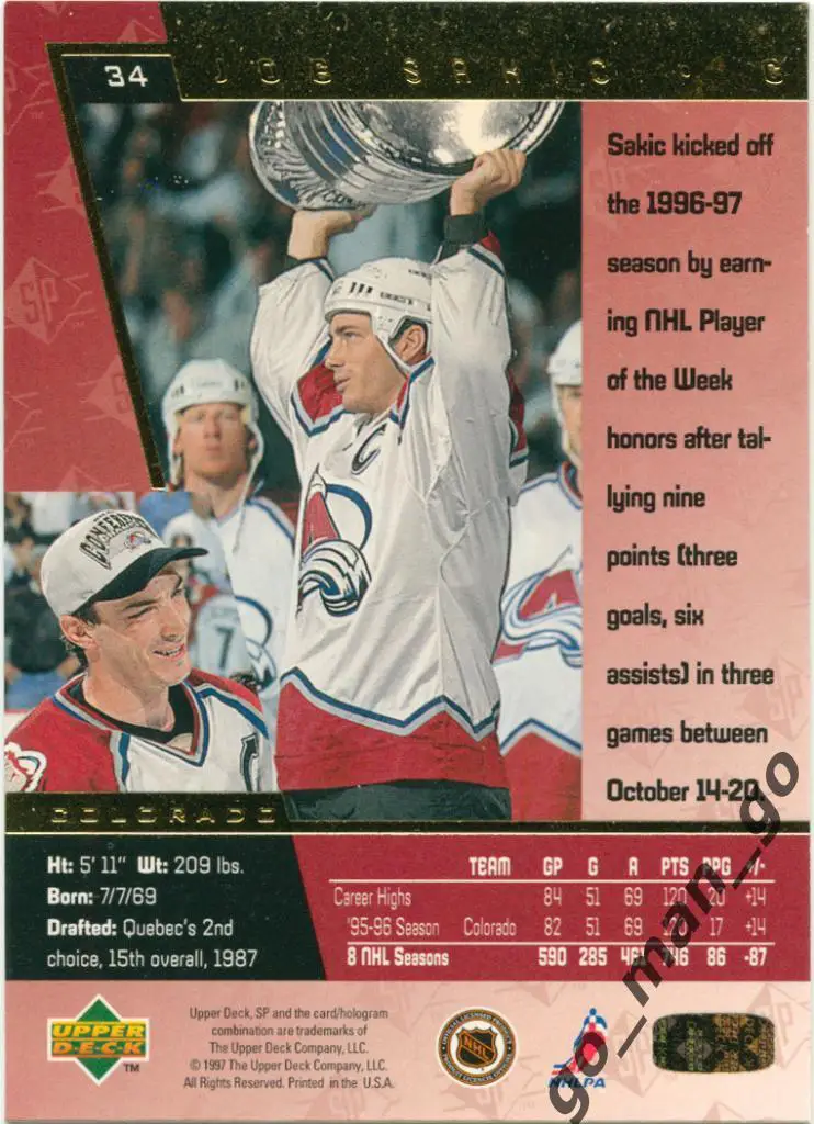 Joe Sakic (Colorado Avalanche). Upper Deck SP 1996-1997, № 34. 1