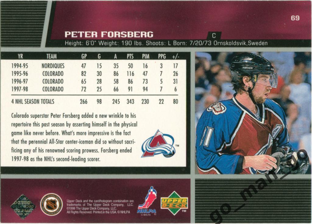 Peter Forsberg (Colorado Avalanche). Upper Deck NHL 1998-1999, № 69. 1