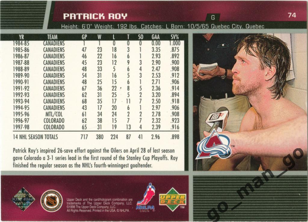 Patrick Roy (Colorado Avalanche). Upper Deck NHL Game Dated 1998-1999, № 74. 1