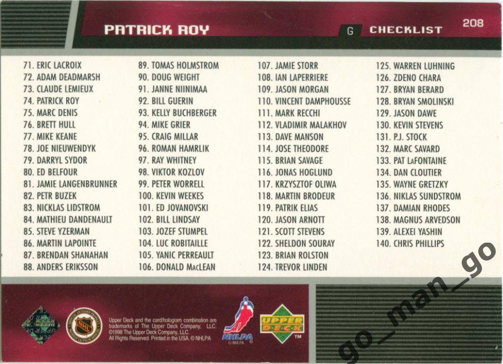Patrick Roy (Colorado Avalanche). Upper Deck NHL 1998-1999, № 208, checklist. 1