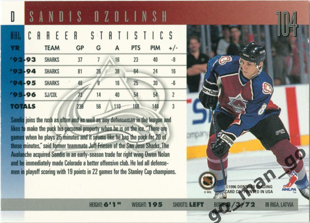 Sandis Ozolinsh Сандис Озолиньш Colorado Avalanche. Donruss NHL 1996-1997 № 104. 1