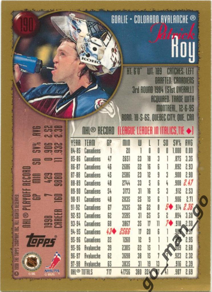 Patrick Roy (Colorado Avalanche). Topps NHL 1998-1999, № 190. 1