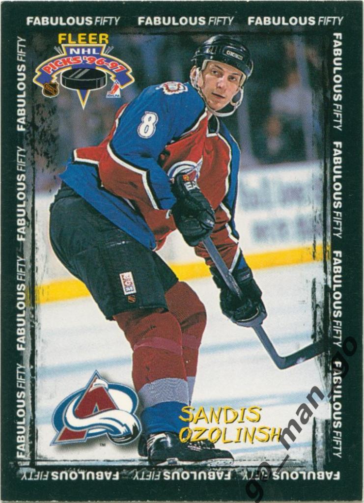 Sandis Ozolinsh (Colorado Avalanche). Fleer NHL 1996-1997, Fabulous Fifty, № 37.