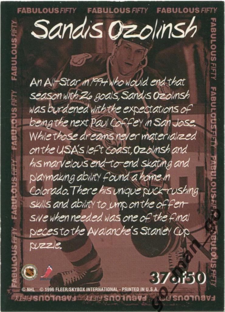 Sandis Ozolinsh (Colorado Avalanche). Fleer NHL 1996-1997, Fabulous Fifty, № 37. 1