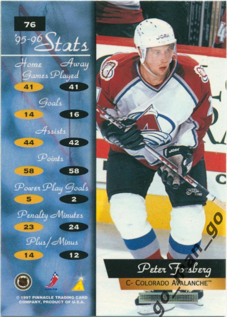 Peter Forsberg (Colorado Avalanche). Pinnacle Zenith NHL 1996-1997, № 76. 1