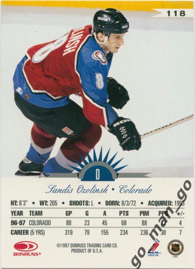 Sandis Ozolinsh Сандис Озолиньш (Colorado Avalanche). Leaf NHL 1997-1998, № 118. 1