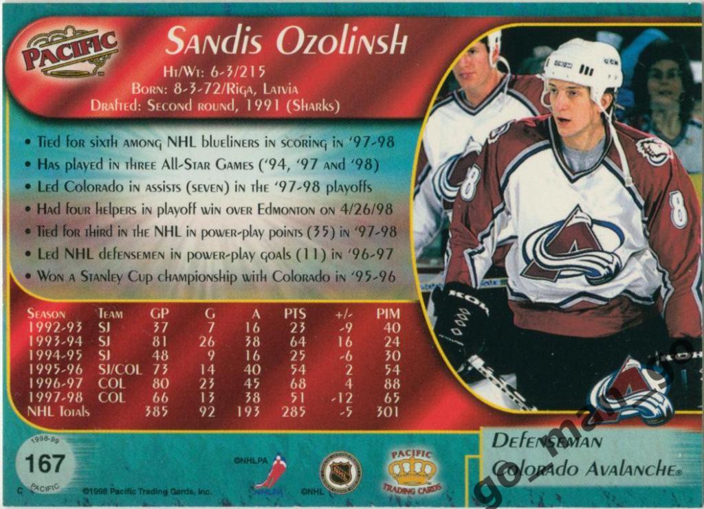 Sandis Ozolinsh Сандис Озолиньш Colorado Avalanche. Pacific NHL 1998-1999 № 167. 1