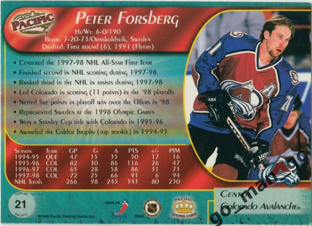 Peter Forsberg (Colorado Avalanche). Pacific NHL 1998-1999, № 21. 1