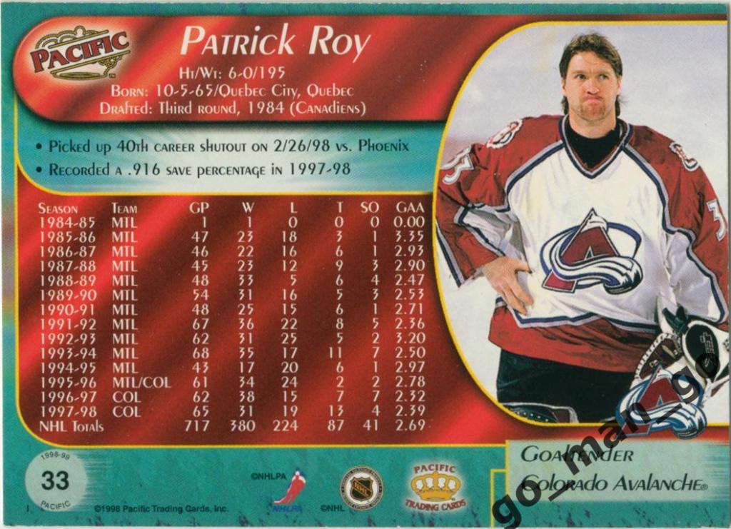 Patrick Roy (Colorado Avalanche). Pacific NHL 1998-1999, № 33. 1
