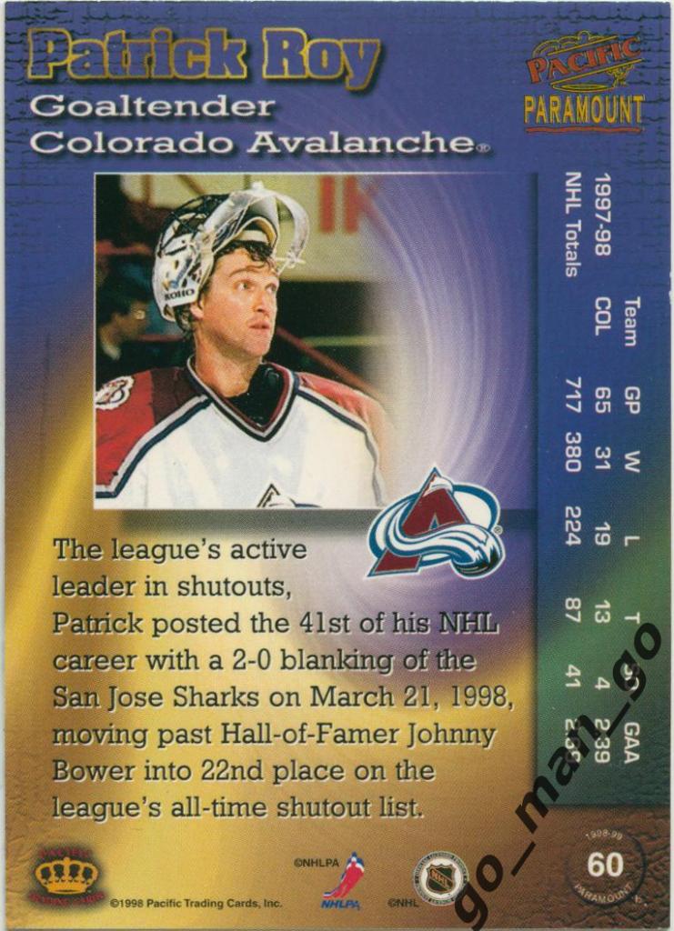 Patrick Roy (Colorado Avalanche). Pacific Paramount 1998-1999, № 60. 1
