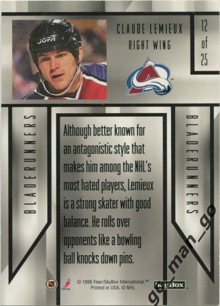 Claude Lemieux (Colorado Avalanche). SkyBox Impact Bladerunners 1996-1997, № 12. 1