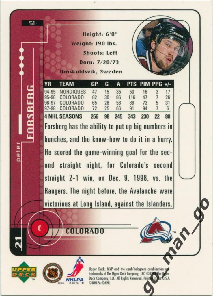 Peter Forsberg (Colorado Avalanche). Upper Deck MVP 1998-1999, № 51. 1