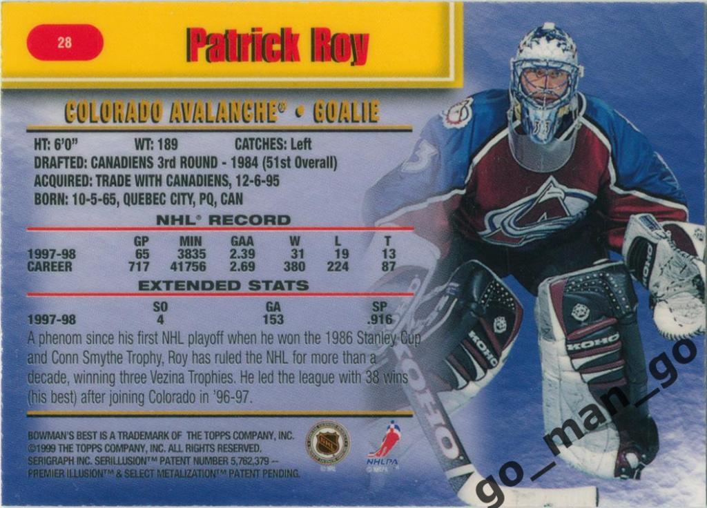Patrick Roy (Colorado Avalanche). Topps Bowman's Best 1998-1999, № 28. 1