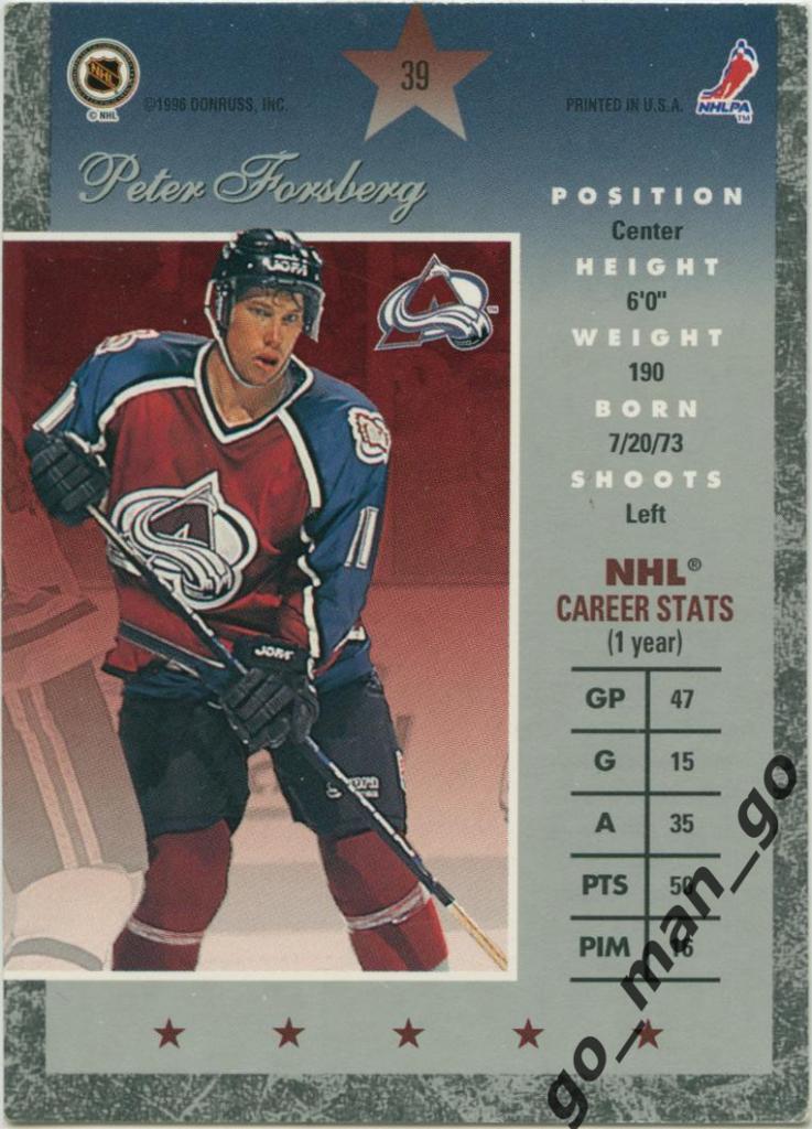 Peter Forsberg (Colorado Avalanche). Donruss Elite 1995-1996, № 39. 1