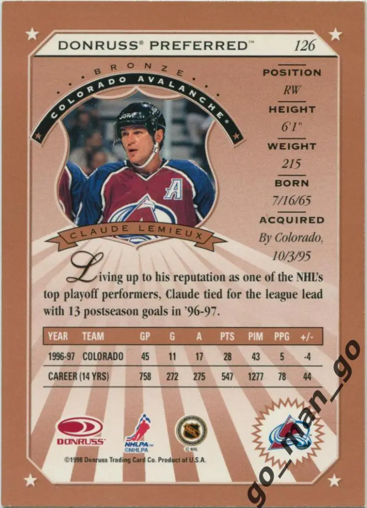 Claude Lemieux (Colorado Avalanche). Donruss Preferred 1997-1998, № 128. 1