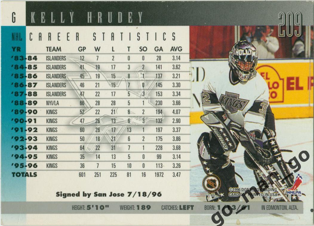 Kelly Hrudey (Los Angeles Kings). Donruss NHL 1996-1997, № 209. 1