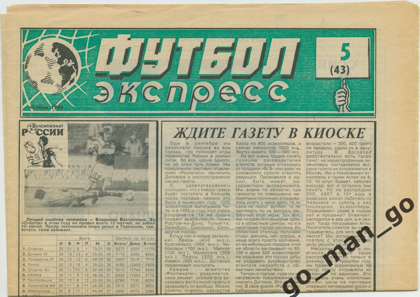 Газета Футбол-экспресс, ноябрь 1994, № 5.