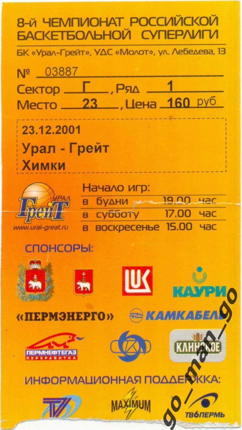УРАЛ-ГРЕЙТ Пермь – БК ХИМКИ 23.12.2001. 1