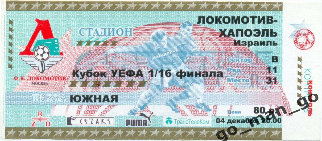 ЛОКОМОТИВ Москва – ХАПОЭЛЬ Тель-Авив 04.12.2001, кубок УЕФА, 1/16 финала.