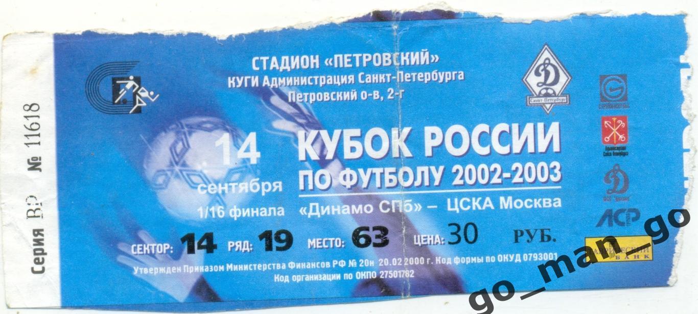 ДИНАМО Санкт-Петербург – ЦСКА Москва 14.09.2002, кубок России, 1/16 финала.