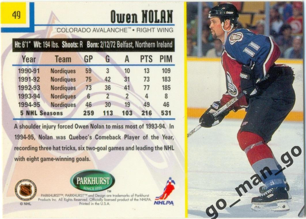 Owen Nolan (Colorado Avalanche). Parkhurst International NHL 1995-1996, № 49. 1