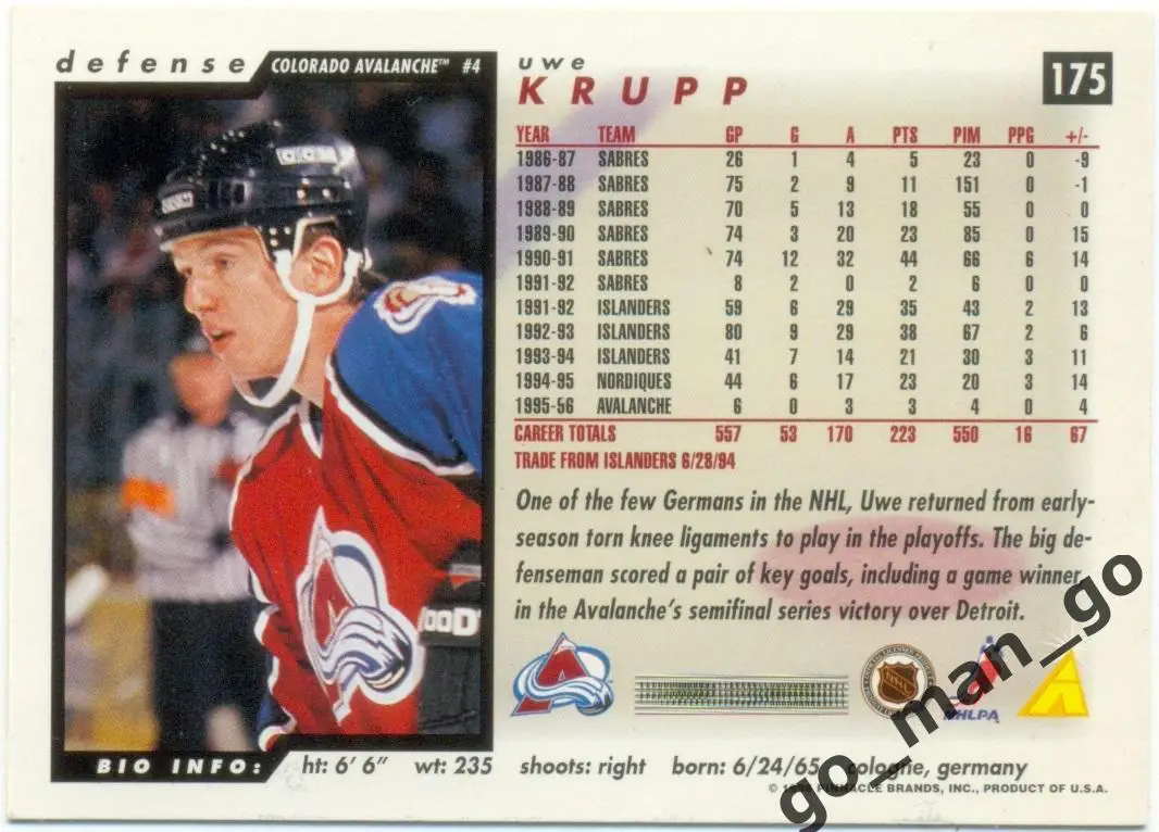Uwe Krupp (Colorado Avalanche). Score NHL 1996-1997. № 175. 1