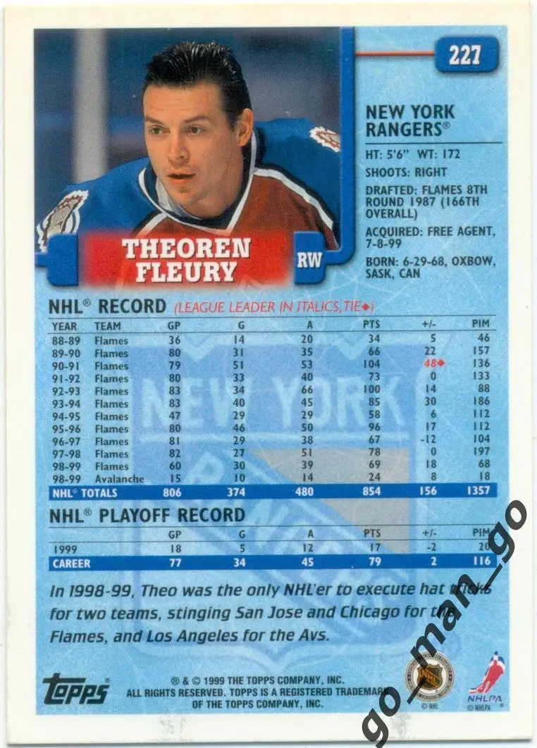 Theoren Fleury (Colorado Avalanche). Topps O-Pee-Chee NHL 1999-2000, № 227. 1