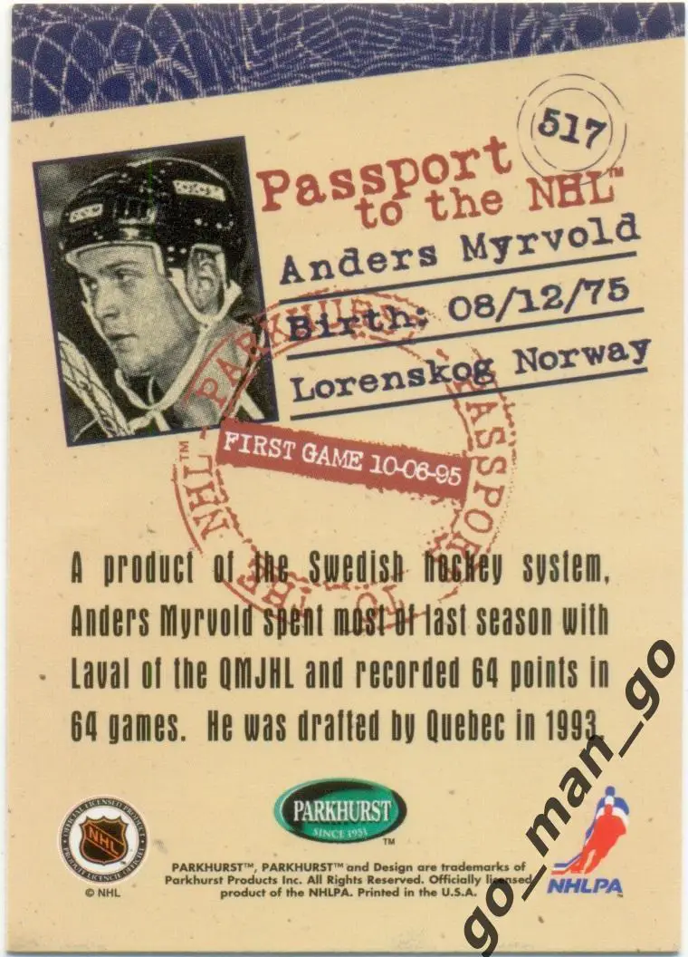 Anders Myrvold (Colorado Avalanche). Parkhurst International NHL 1995-1996 № 517 1