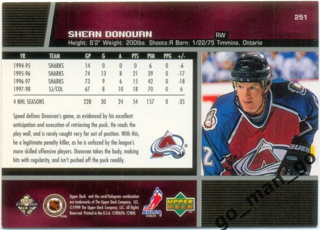 Shean Donovan (Colorado Avalanche). Upper Deck NHL 1998-1999, № 251. 1