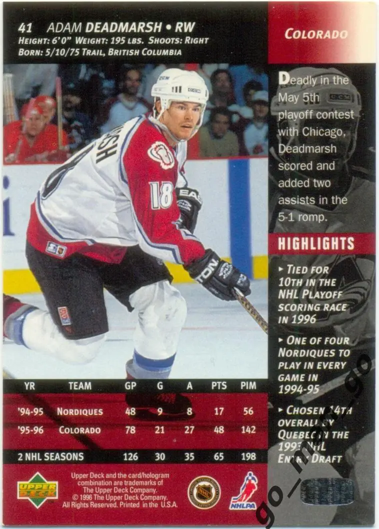 Adam Deadmarsh (Colorado Avalanche). Upper Deck NHL 1996-1997, № 41. 1