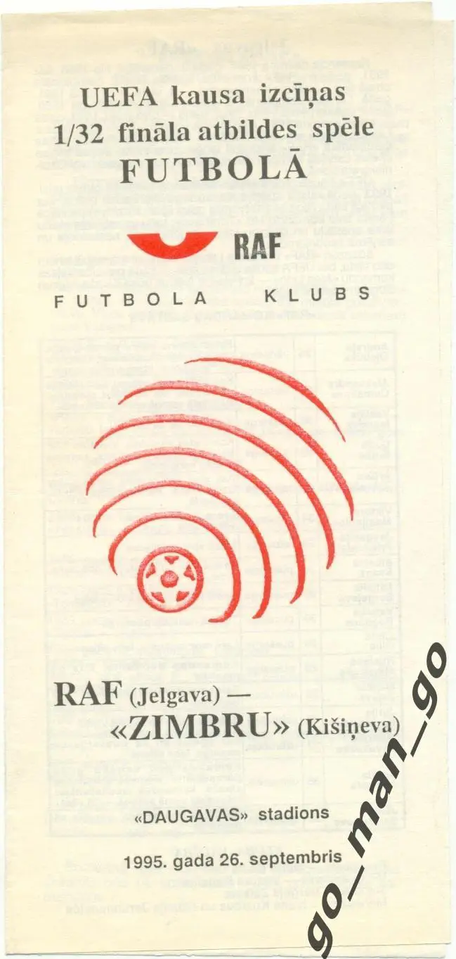 РАФ Елгава – ЗИМБРУ Кишинев 26.09.1995, кубок УЕФА, 1/32 финала.