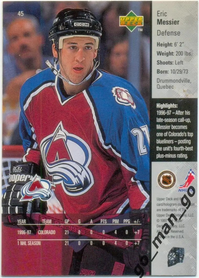 Eric Messier (Colorado Avalanche). Upper Deck NHL 1997-1998, Rookie, № 45. 1