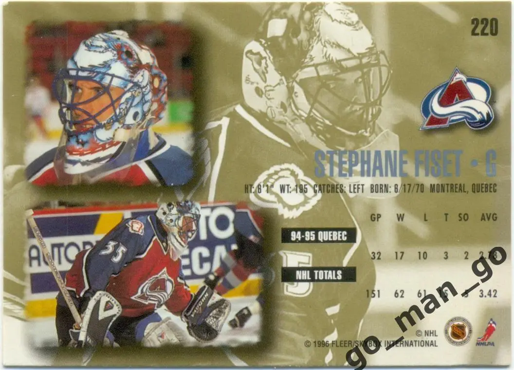 Stephane Fiset (Colorado Avalanche). Fleer Ultra NHL 1995-1996, № 220. 1
