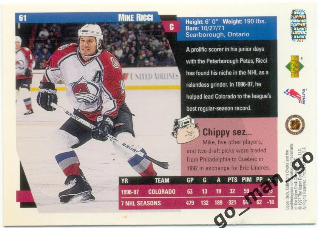 Mike Ricci (Colorado Avalanche). Upper Deck Collector's Choice NHL 1997-1998, № 1
