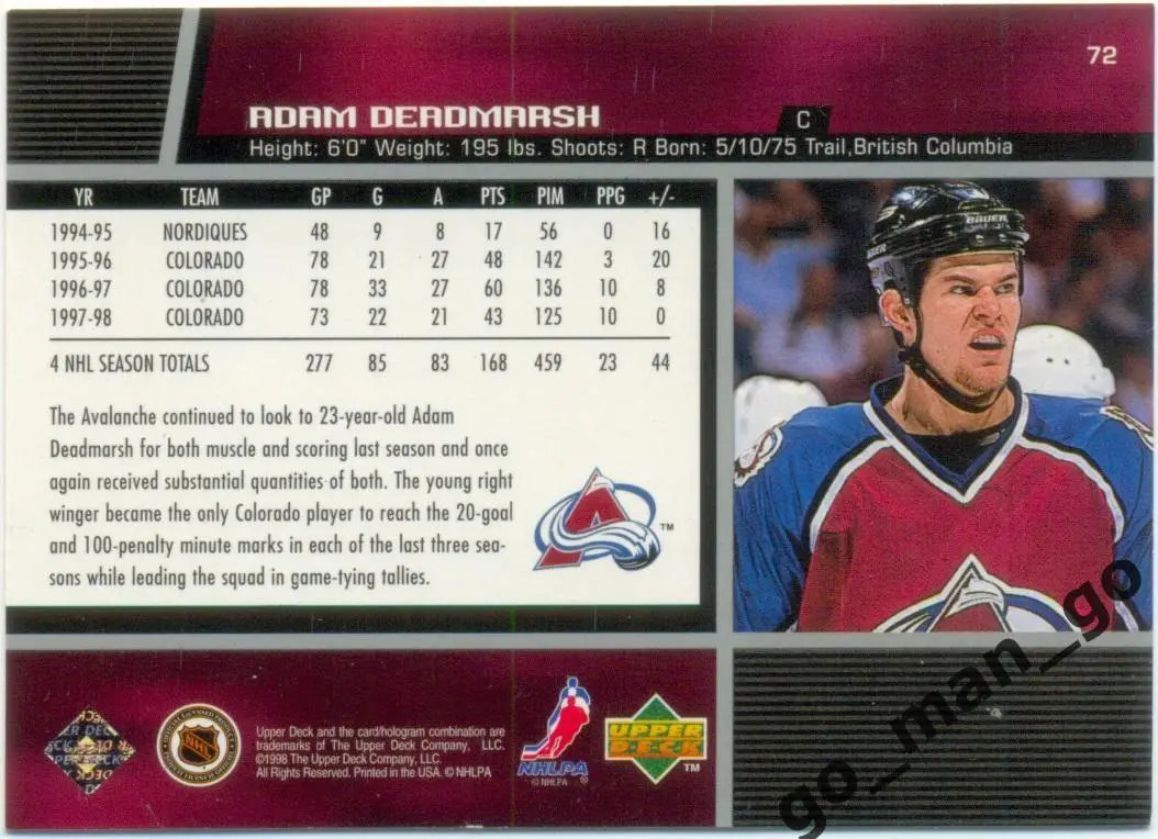 Adam Deadmarsh (Colorado Avalanche). Upper Deck NHL 1998-1999, № 72. 1