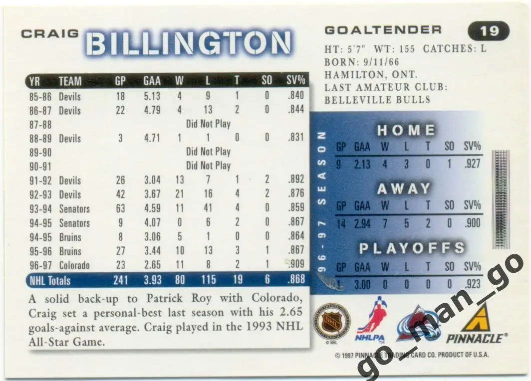 Craig Billington (Colorado Avalanche). Score NHL 1997-1998, № 19. 1