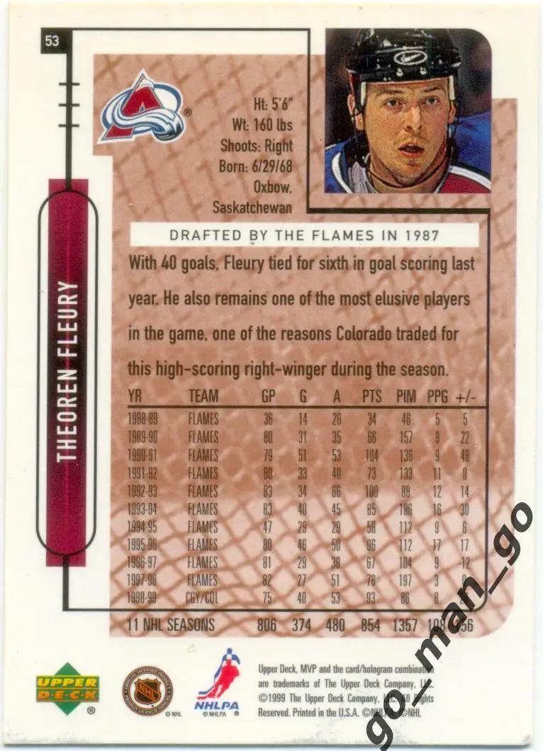 Theoren Fleury (Colorado Avalanche). Upper Deck MVP NHL 1999-2000, № 53. 1