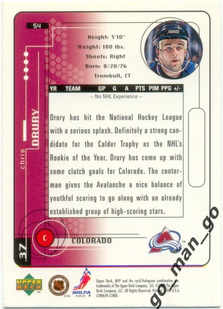 Chris Drury (Colorado Avalanche). Upper Deck MVP NHL 1998-1999, № 54. 1