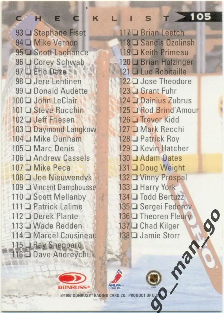 Marc Denis (Colorado Avalanche). Leaf NHL 1997-1998, № 105, Checklist. 1